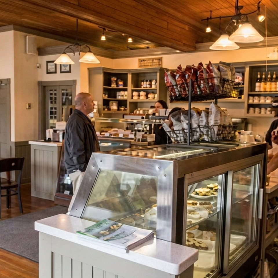 Warmly lit café interior with wooden ceilings, pastry display case, shelves of packaged goods, seated diners, and staff serving customers.