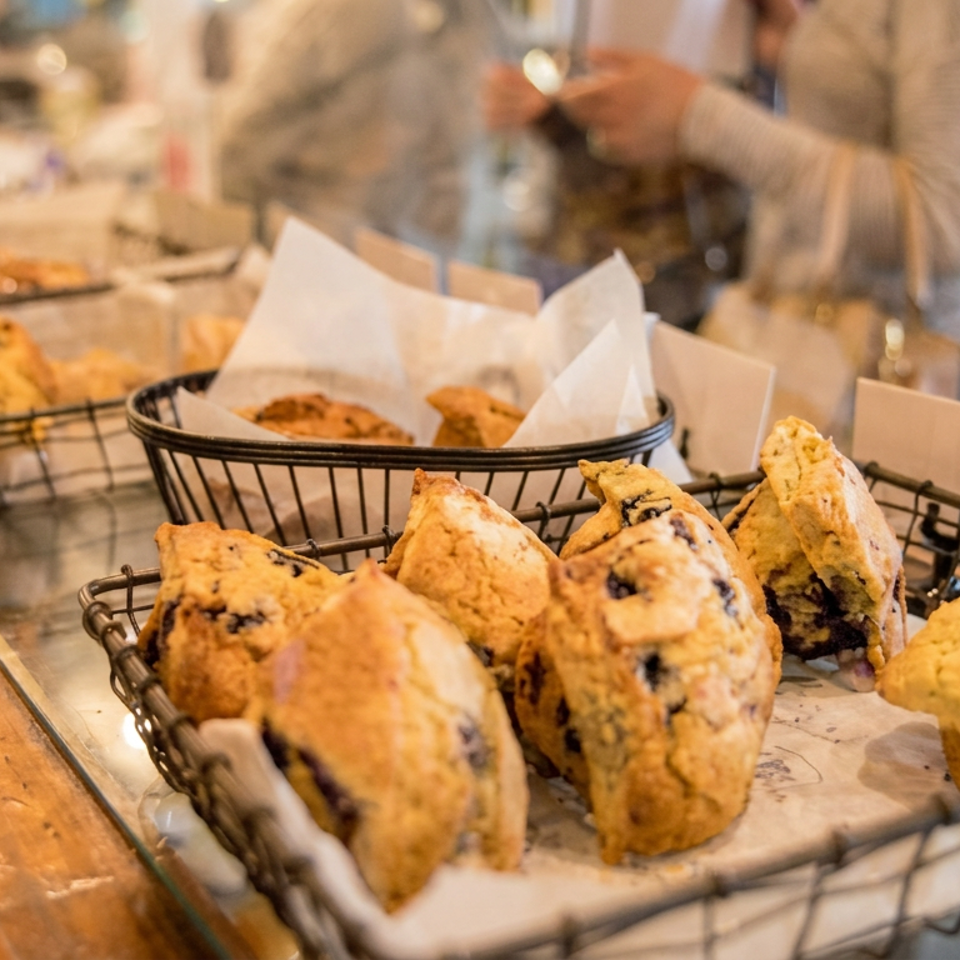 Baskets of freshly baked fruit scones displayed on a café counter, with blurred customers and bakery trays in the background.
