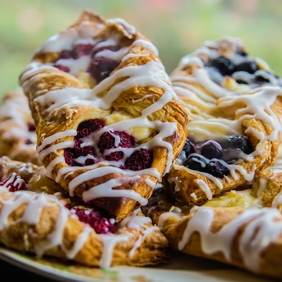Assorted fruit-filled Danish pastries topped with white icing, including raspberry, blueberry, and lemon varieties, arranged on a plate.