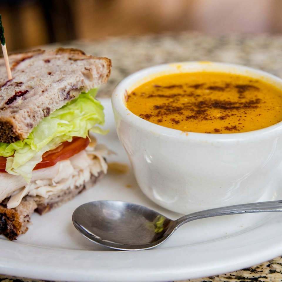 Turkey sandwich with lettuce and tomato alongside a bowl of creamy seasoned soup on a white plate.