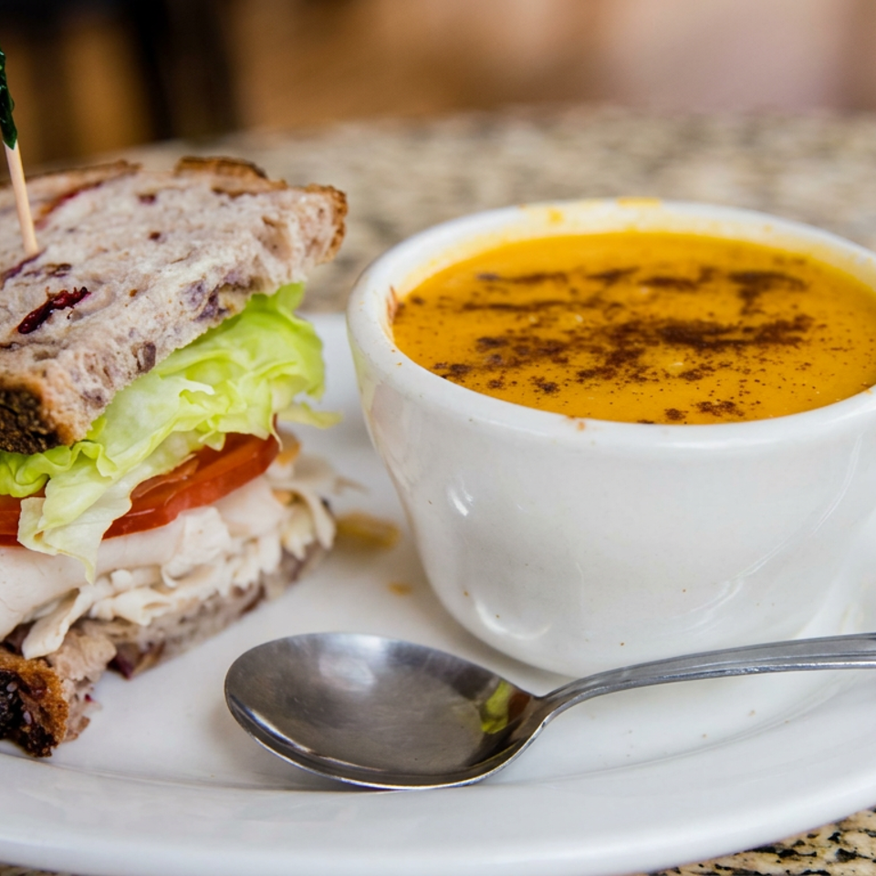 Turkey sandwich with lettuce and tomato beside a bowl of creamy soup on a white plate.
