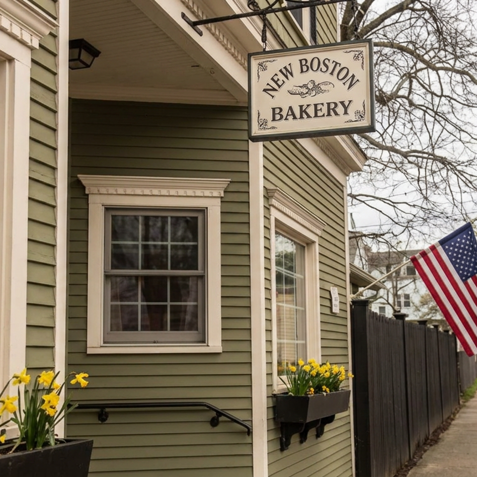 New Boston Bakery storefront with green siding, yellow daffodils, American flag, and tree-lined sidewalk.