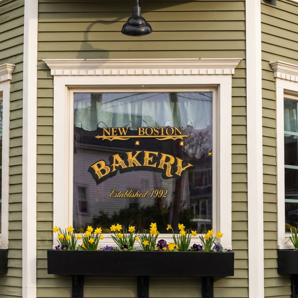 New Boston Bakery storefront with green siding, decorative windows, black flower boxes, and blooming yellow flowers.