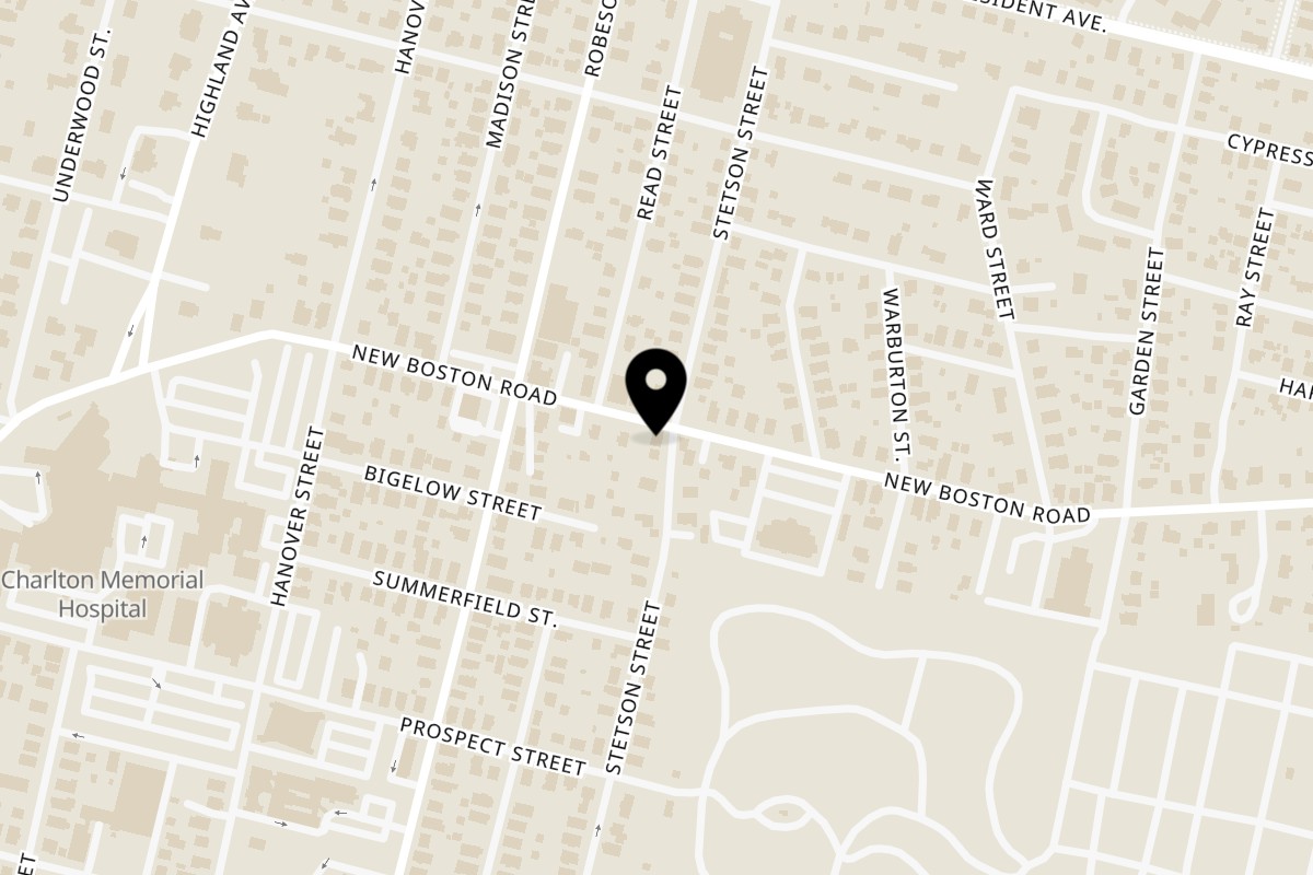 Map showing the location of New Boston Bakery on 279 New Boston Rd in Fall River
